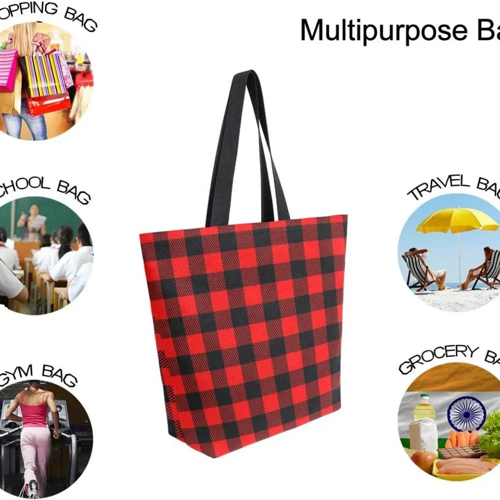 NWT Buffalo White Flannel Leather Plaid Tote Shoulder Travel Shopping Bag Black